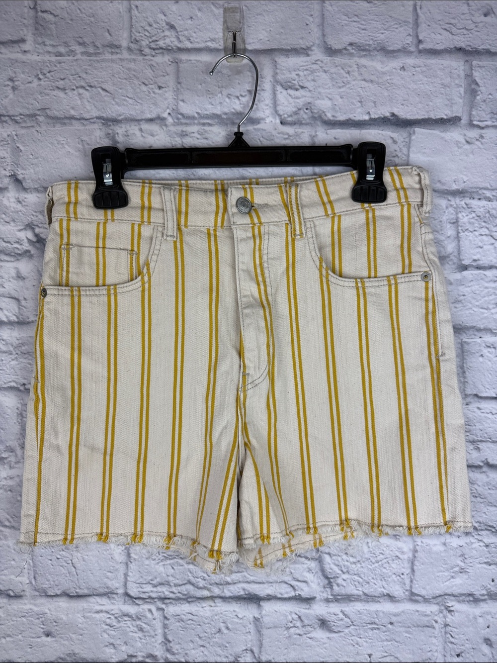 Pilcro Anthropologie Striped Cut Off Denim Shorts Womens 29 Cream Yellow
